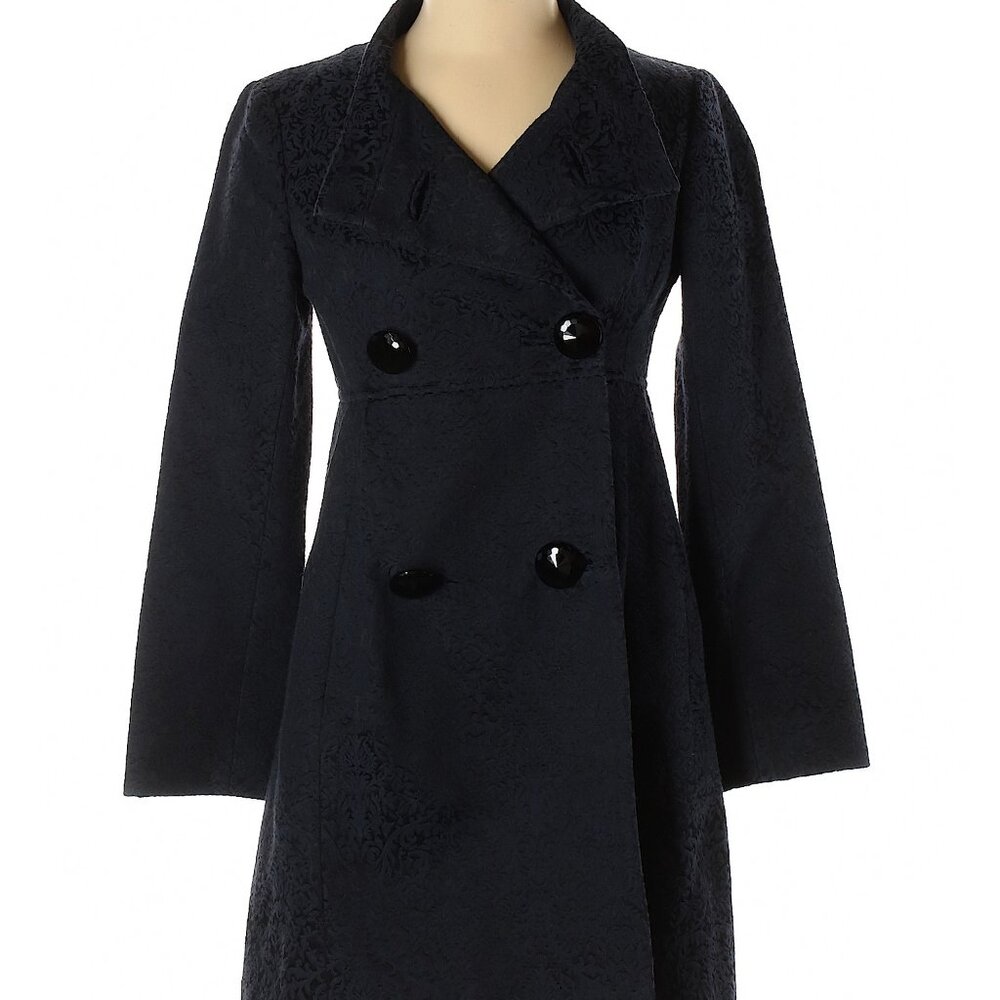 Nanette Lepore Double Breasted Brocade Trench Coat Jacket Navy Blue Sz 2